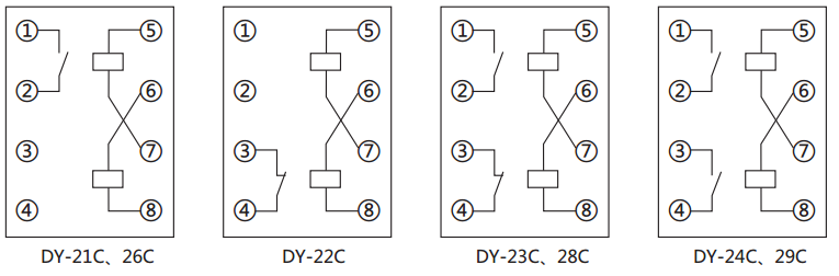 DY-26C、D电压继电器内部接线图 DY-26C、D电压继电器内部接线图