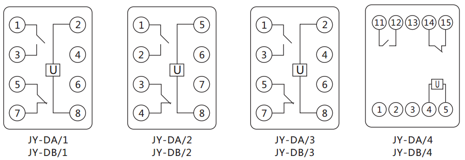 JY-DB/4集成电路直流电压继电器内部接线图及外引接线图(正视图) JY-DB/4集成电路直流电压继电器内部接线图及外引接线图(正视图)