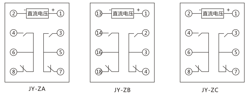 JY-ZC直流高低值电压继电器内部接线及外引接线图