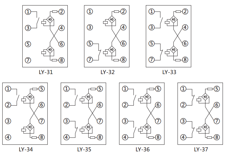 LY-35电压继电器内部接线及外引接线图 LY-35电压继电器内部接线及外引接线图