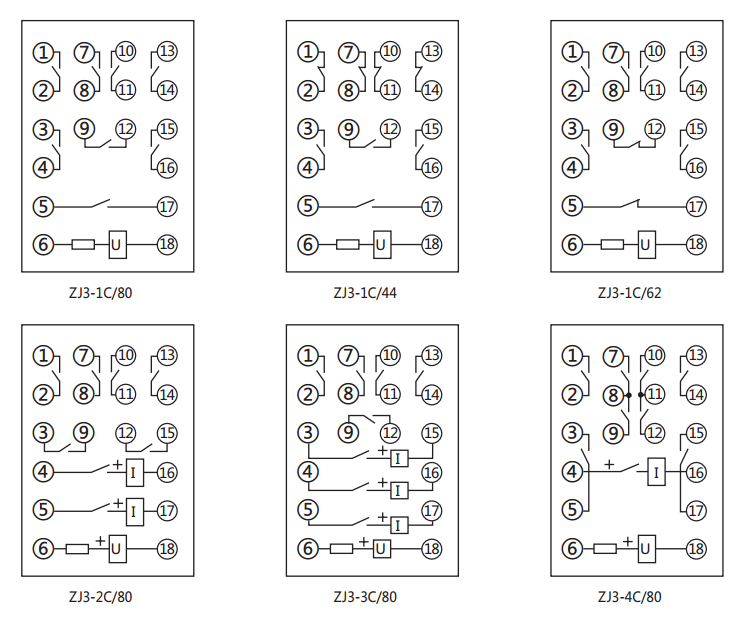 ZJ3-1C/62快速中间继电器内部接线图及外引接线图(正视图) ZJ3-1C/62快速中间继电器内部接线图及外引接线图(正视图)