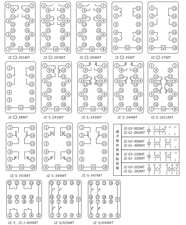 JZ-J-404MT跳位、合位、电源监视中间继电器内部接线图 JZ-J-404MT跳位、合位、电源监视中间继电器内部接线图