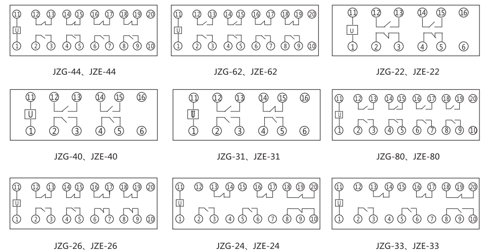 JZE-40卡轨式静态中间继电器内部端子外引接线图 JZE-40卡轨式静态中间继电器内部端子外引接线图