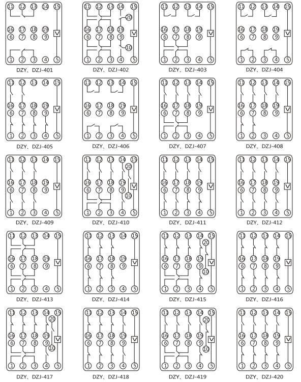 DZY(J)-407导轨式中间继电器内部端子外引接线图(正视) DZY(J)-407导轨式中间继电器内部端子外引接线图(正视)