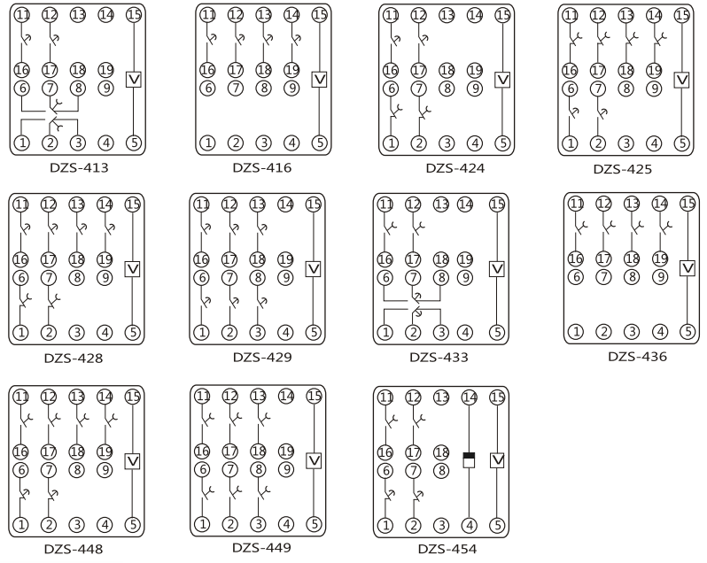 DZY(J)-407中间继电器内部端子外引接线图(正视) DZY(J)-407中间继电器内部端子外引接线图(正视)